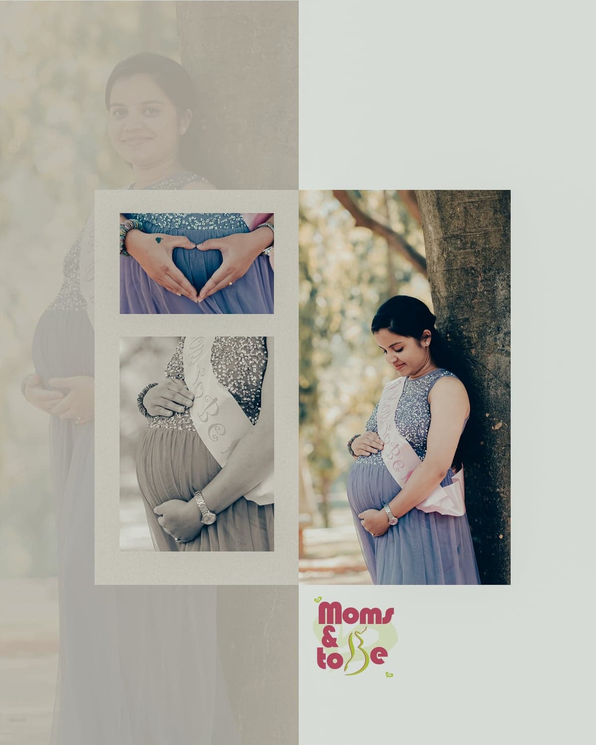 Maternity photo collage of a mom-to-be forming a heart over her baby bump, branded "Moms & to Be"