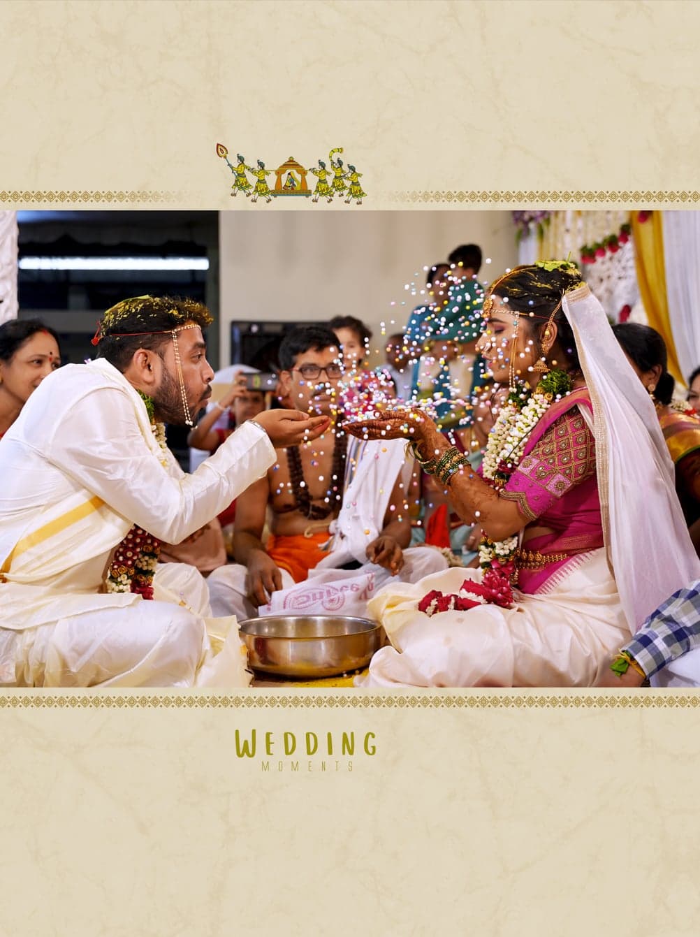 Groom and bride exchanging rice grains over a ceremonial vessel during their traditional wedding rites