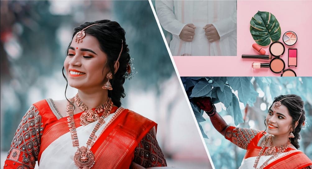 Bridal portrait collage: a smiling bride in a red and white saree, the couple's hands during a ritual, bridal makeup and cosmetics, and the bride posing outdoors under foliage